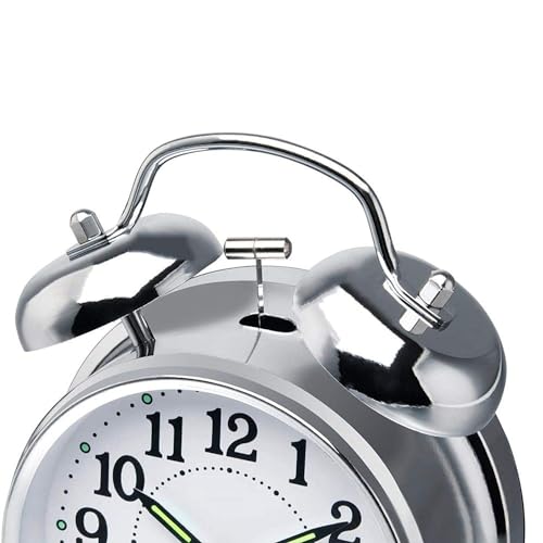 SHREE HANS CREATION Vintage Twin Bell Table Top Alarm Clock with Night LED Light Analog Display Extra Loudly Alarm Sound Silver Clock for Wake-Up Time Morning Walk Home Decor (Silver-White, 11cm) - Image 2