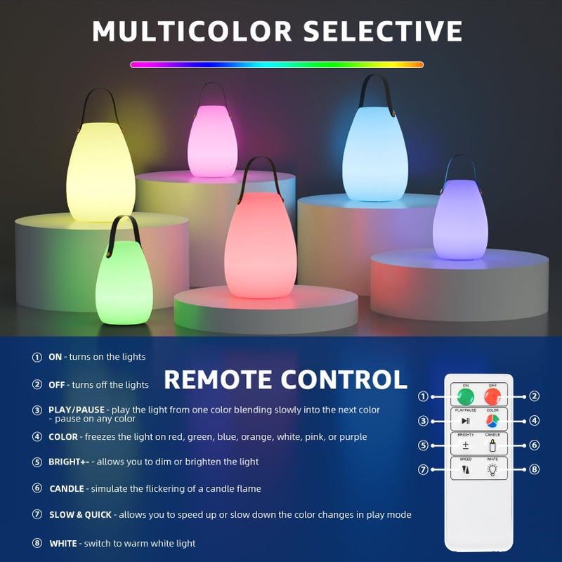 uuffoo 2 Pack Portable Outdoor Table Lamp - Dimmable Rechargeable Night Lights w/ Remote and 7 RGB Colors, IP44 Water-Resistant Hanging Lantern for Patio, Tent, Bedroom, Garden, Emergency - Image 3