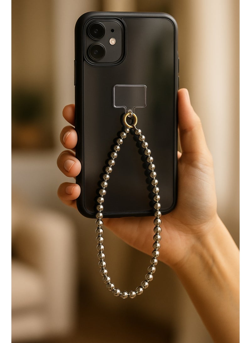 Stainless Steel Beaded Phone Strap – Silver Metal Hand Strap with Gold Ring – Durable Anti-Drop Chain – Compatible with All Phones - Image 2
