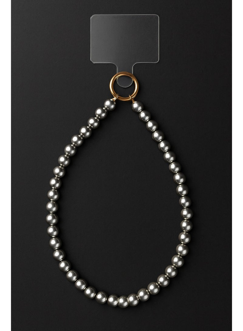 Stainless Steel Beaded Phone Strap – Silver Metal Hand Strap with Gold Ring – Durable Anti-Drop Chain – Compatible with All Phones - Image 1