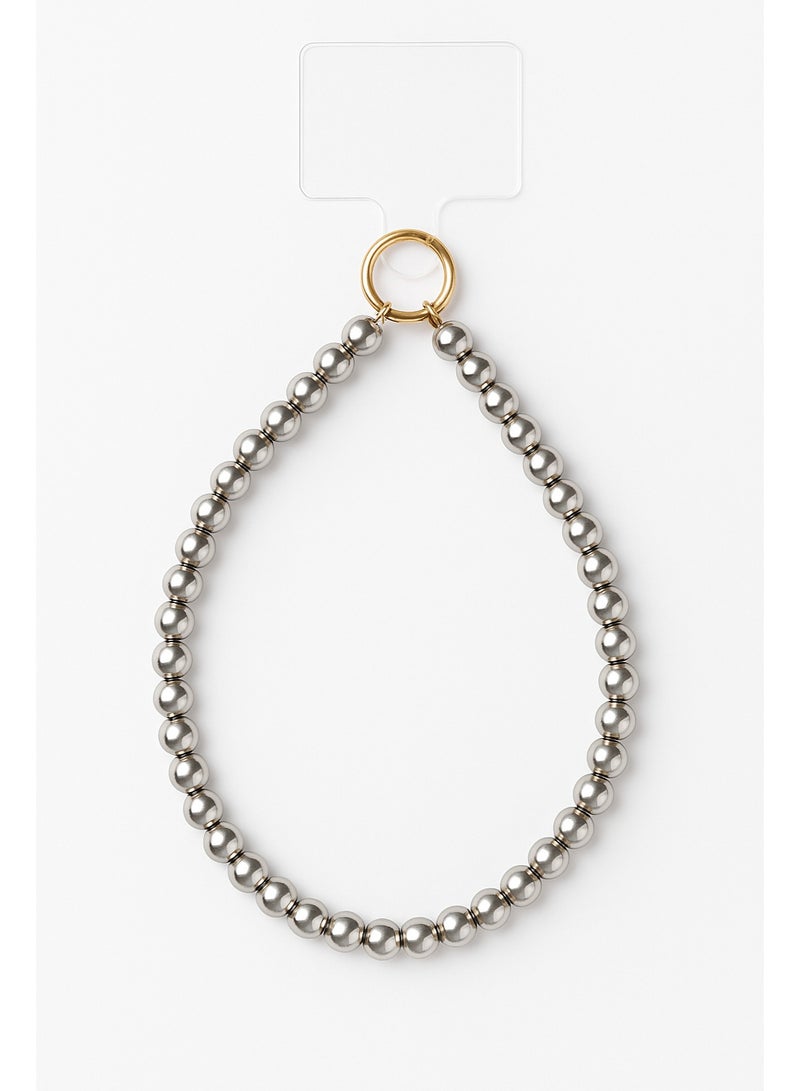 Stainless Steel Beaded Phone Strap – Silver Metal Hand Strap with Gold Ring – Durable Anti-Drop Chain – Compatible with All Phones - Image 3