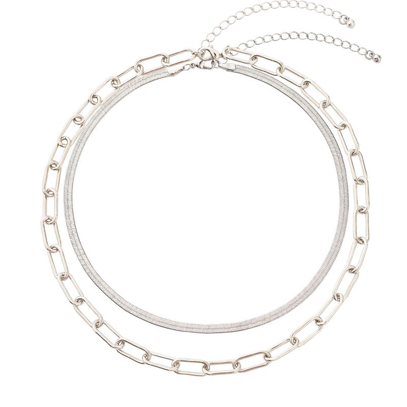 BaubleStar Link Layered Collar Necklace Silver Layering Paperclip Chain Herringbone Snake Choker Statement Fashion Jewelry for Women