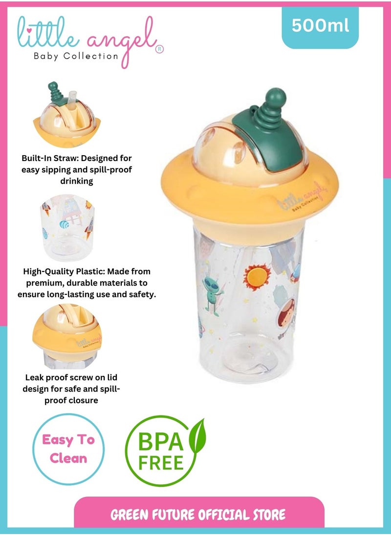 Little Angel Kids Water Bottle, High Quality 500ml - Leak-Proof with Straw and Strap, Portable and Durable Design for Toddlers & Young Children - Cute Space Design - Yellow  - Image 2