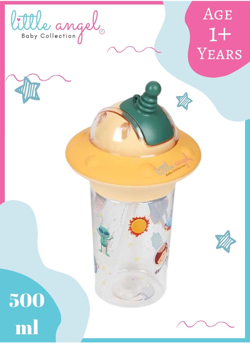 Little Angel Kids Water Bottle, High Quality 500ml - Leak-Proof with Straw and Strap, Portable and Durable Design for Toddlers & Young Children - Cute Space Design - Yellow  - Image 1