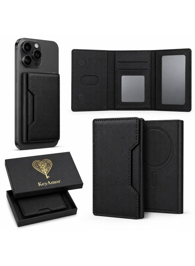 KeyAmor Magnetic black Leather Phone Wallet Card Holder with Shockproof Stand, Magnetic Detachable Trifold Wallet Card Holder Pocket Compatible with MagSafe Wallet Compatible with iPhone 16/15/14/13/12 series - Image 1