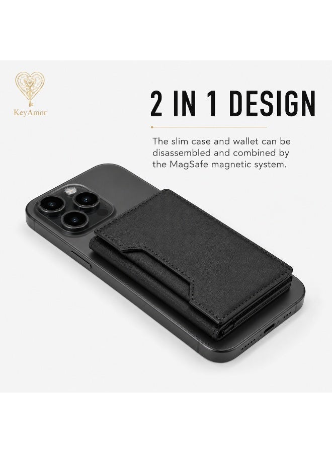 KeyAmor Magnetic black Leather Phone Wallet Card Holder with Shockproof Stand, Magnetic Detachable Trifold Wallet Card Holder Pocket Compatible with MagSafe Wallet Compatible with iPhone 16/15/14/13/12 series - Image 3