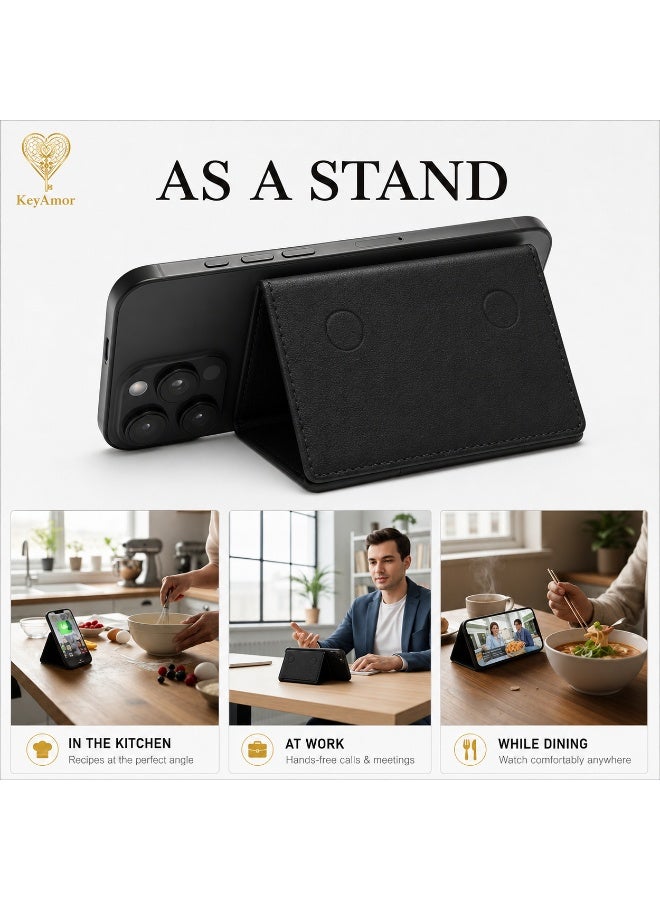 KeyAmor Magnetic black Leather Phone Wallet Card Holder with Shockproof Stand, Magnetic Detachable Trifold Wallet Card Holder Pocket Compatible with MagSafe Wallet Compatible with iPhone 16/15/14/13/12 series - Image 4