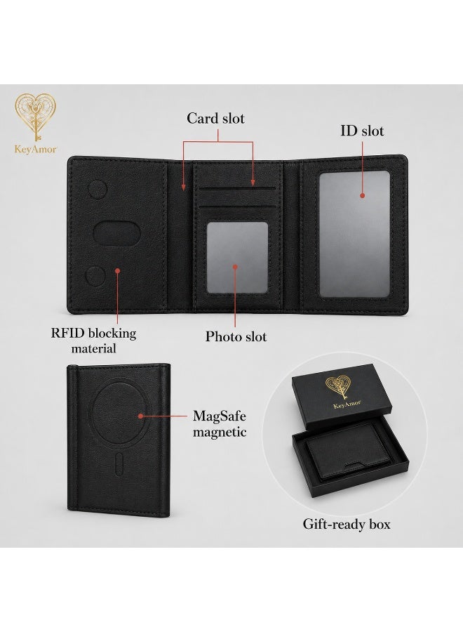 KeyAmor Magnetic black Leather Phone Wallet Card Holder with Shockproof Stand, Magnetic Detachable Trifold Wallet Card Holder Pocket Compatible with MagSafe Wallet Compatible with iPhone 16/15/14/13/12 series - Image 5