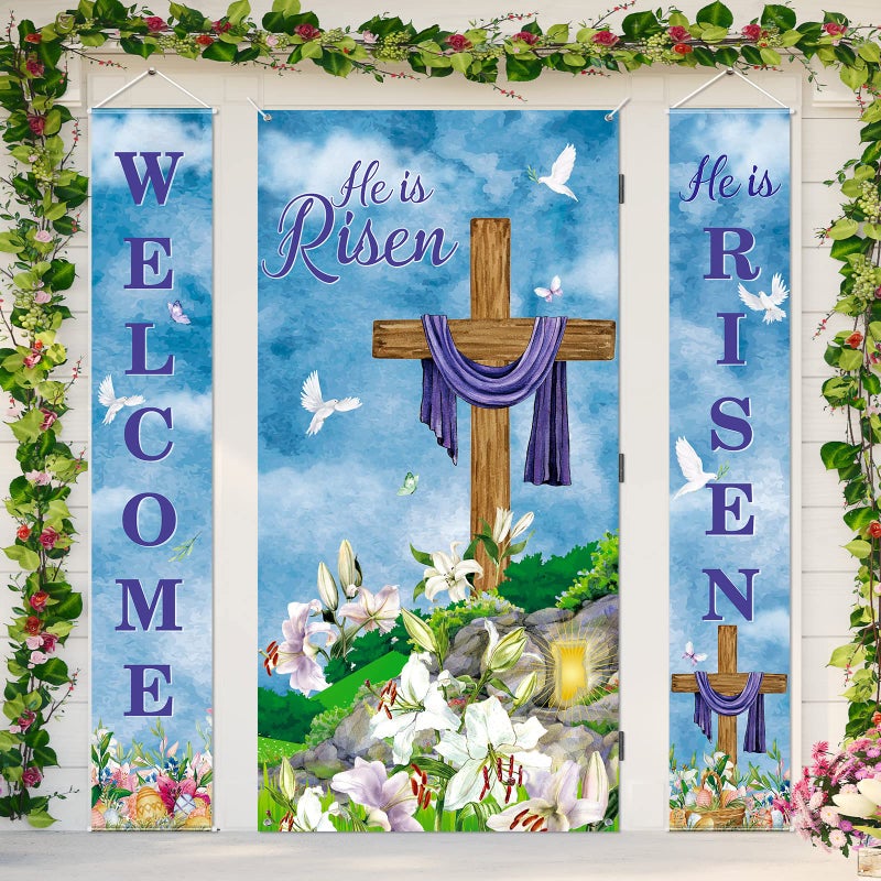 3 Pieces Happy Easter Day Decorations He is Risen Porch Banners and Easter Door Cover Religious Door Cover Large Fabric Cross Background for Jesus Spring Party Decor