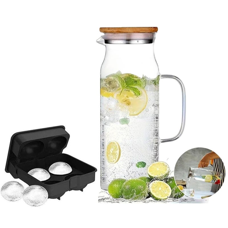Glass Pitcher with Bamboo Lid High Heat Resistance Stovetop Safe Pitcher for HotCold Water Iced Tea 1200ML 42oz