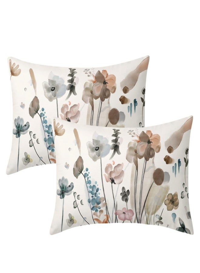 aportt Brown Cream Grey Teal Floral Pillow Covers 12x20 Inch Watercolor Flower Lumbar Bed Pillow Cases Rustic Abstract Modern Throw Pillows Set of 2 Farmhouse Home Decor for Living Room Bedroom Bed Cushion - Image 1
