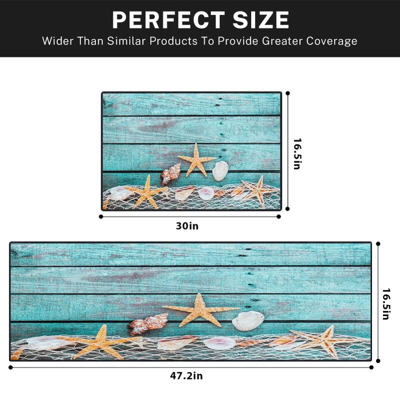 Tayney Rustic Starfish Shells Kitchen Rugs and Mats Non Skid Washable Set of 2, Turquoise Wooden Planks Mats for Floor, Tropical Beach Runner Rug, Summer Kitchen Decor - Image 5