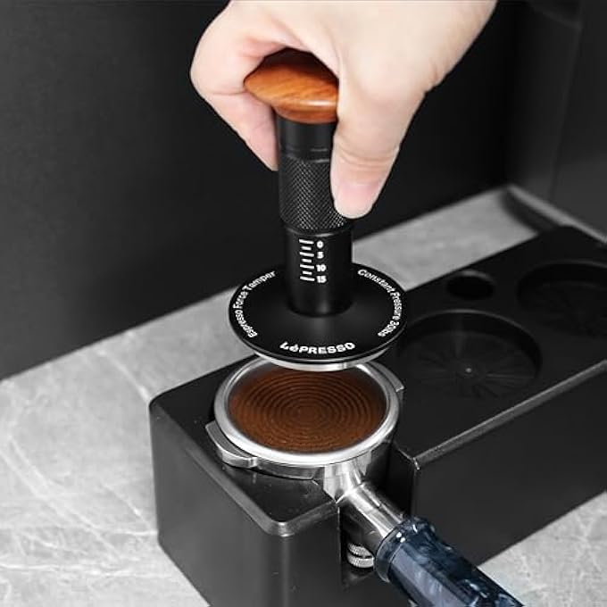 LePRESSO Ground Coffee Tamper 585Mm Portafilter Thread Bottom For Coffee Bean Powder Stainless Steel Base Wooden Handle Espresso Tamper For Coffee Machine Barista Spring Calibrated  Black - Image 3