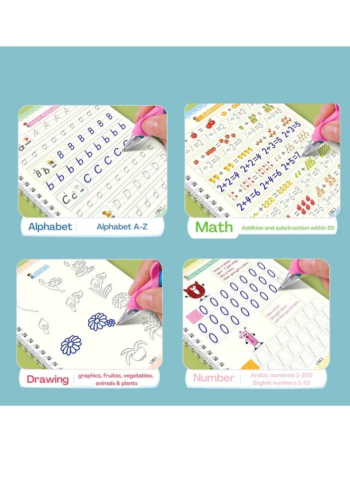 4Pcs Magic Books Handwriting Practice Workbook Reusable Copybook Notebooks (4 Books + 1 Pen + 10 Refills)