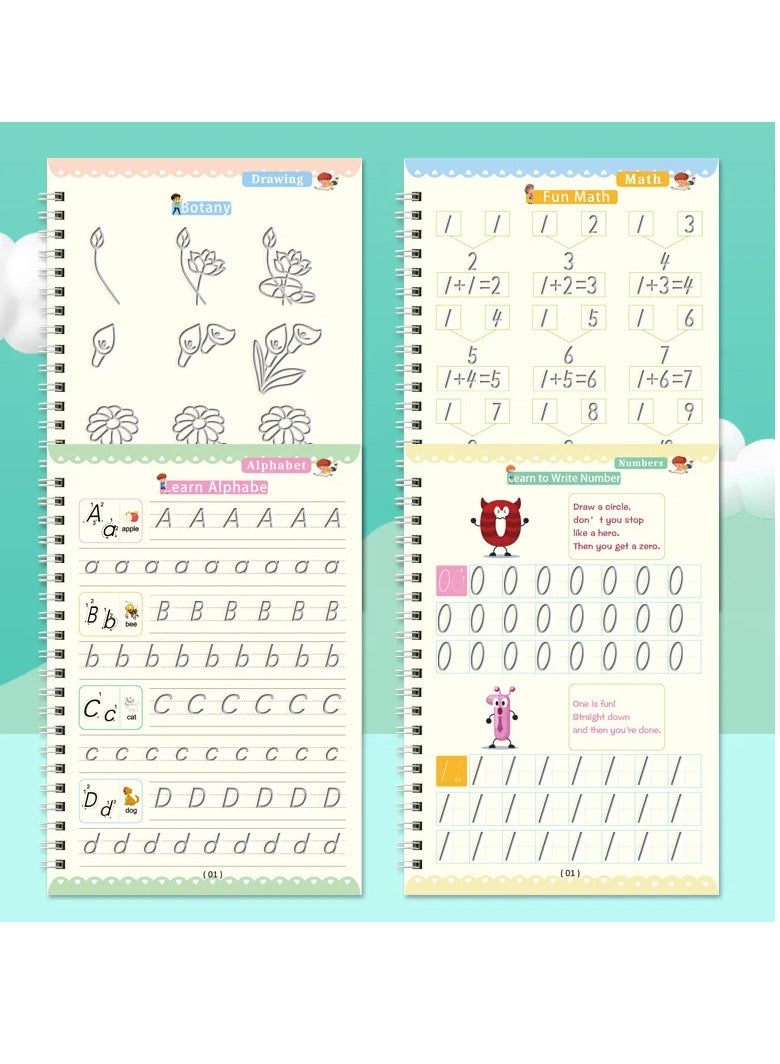 4Pcs Magic Books Handwriting Practice Workbook Reusable Copybook Notebooks (4 Books + 1 Pen + 10 Refills)
