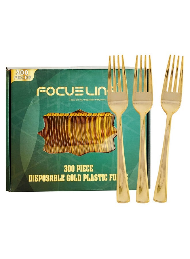 FOCUSLINE 300 Pack Disposable Gold Plastic Forks, Solid and Durable Plastic Cutlery Forks, Heavy Duty Disposable Utensil Silverware for Catering, Parties, Dinners, Weddings - Image 1