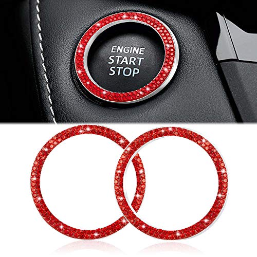 WINKA 2pcs Bling Car Engine Start Button Cover Diamond Crystal Push Start Stop Button Ring Sparkly Bling Ignition Button Cover Rhinestone Keyless Ignition Ring Universal Car Accessories Red - Image 1