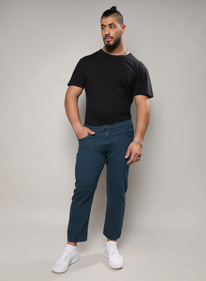 Instafab Plus Instafab Plus Men's Prussian Blue Rolled Hem Denim Jeans For Casual Wear | Dark-Wash | 5 Pockets | Button Closure | Denim Jeans Crafted With Comfort Fit For Everyday Wear