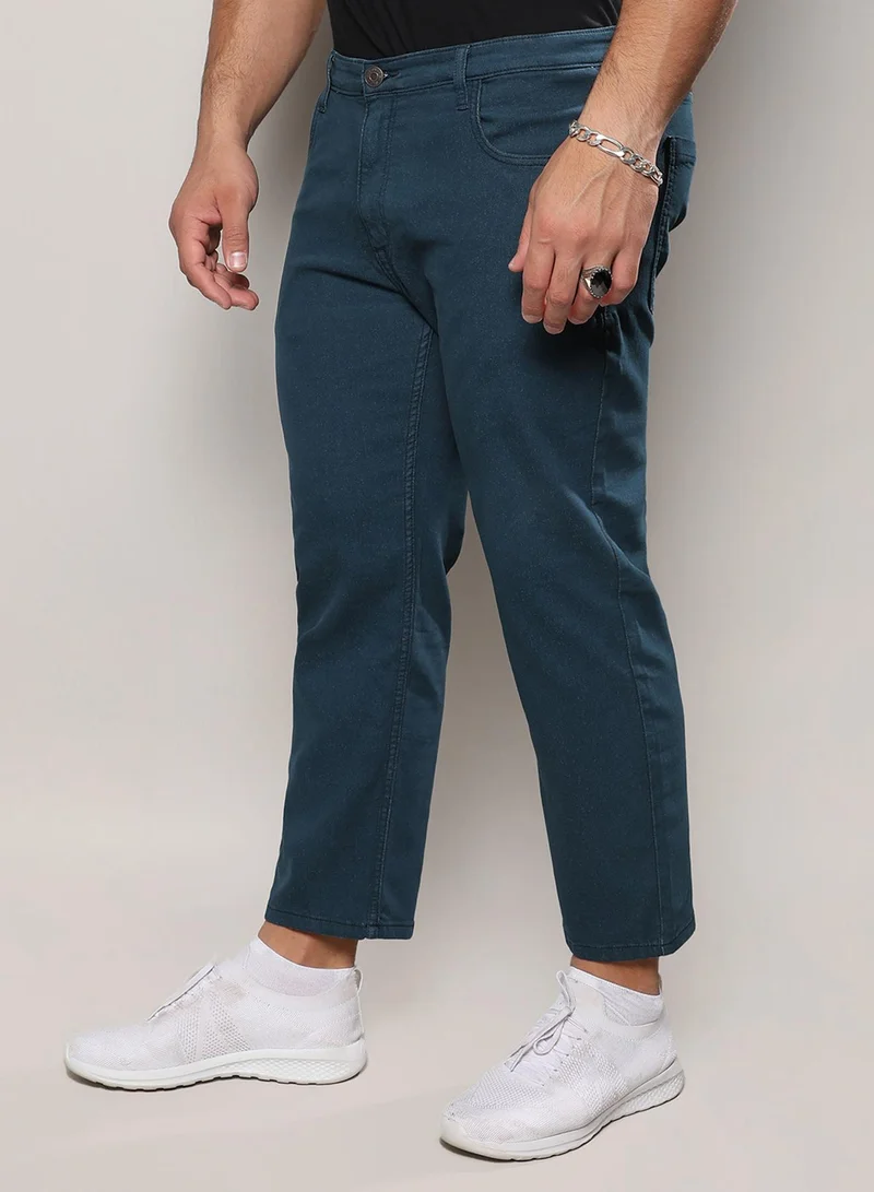 Instafab Plus Instafab Plus Men's Prussian Blue Rolled Hem Denim Jeans For Casual Wear | Dark-Wash | 5 Pockets | Button Closure | Denim Jeans Crafted With Comfort Fit For Everyday Wear