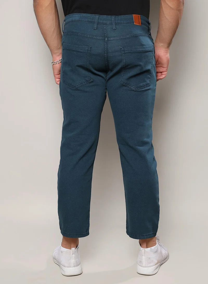 Instafab Plus Instafab Plus Men's Prussian Blue Rolled Hem Denim Jeans For Casual Wear | Dark-Wash | 5 Pockets | Button Closure | Denim Jeans Crafted With Comfort Fit For Everyday Wear