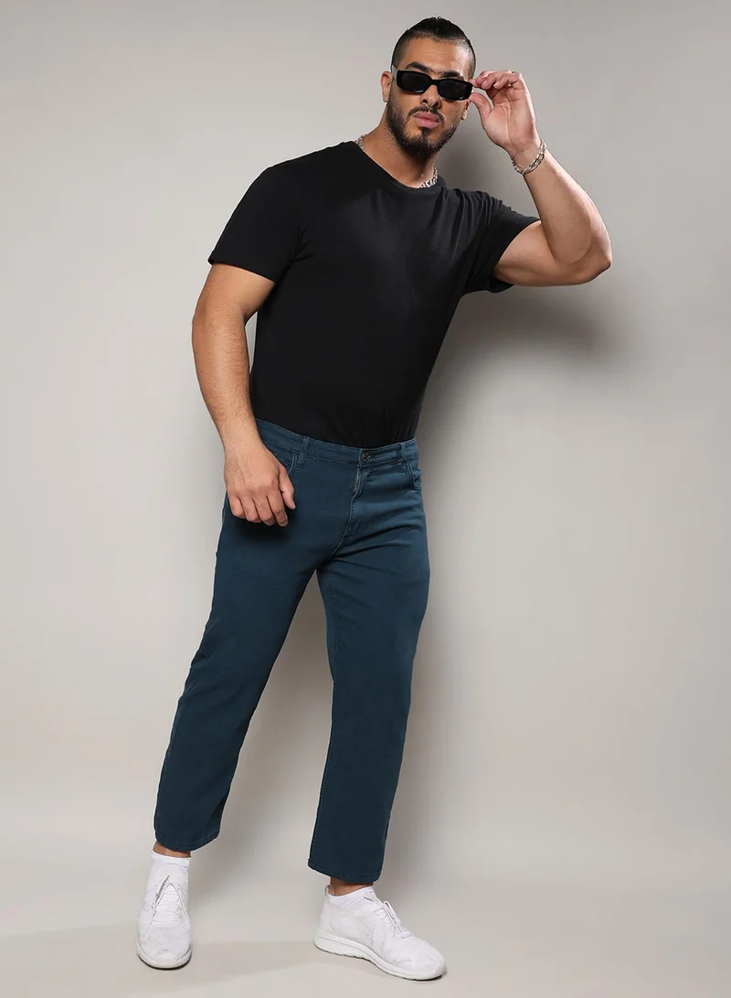 Instafab Plus Instafab Plus Men's Prussian Blue Rolled Hem Denim Jeans For Casual Wear | Dark-Wash | 5 Pockets | Button Closure | Denim Jeans Crafted With Comfort Fit For Everyday Wear