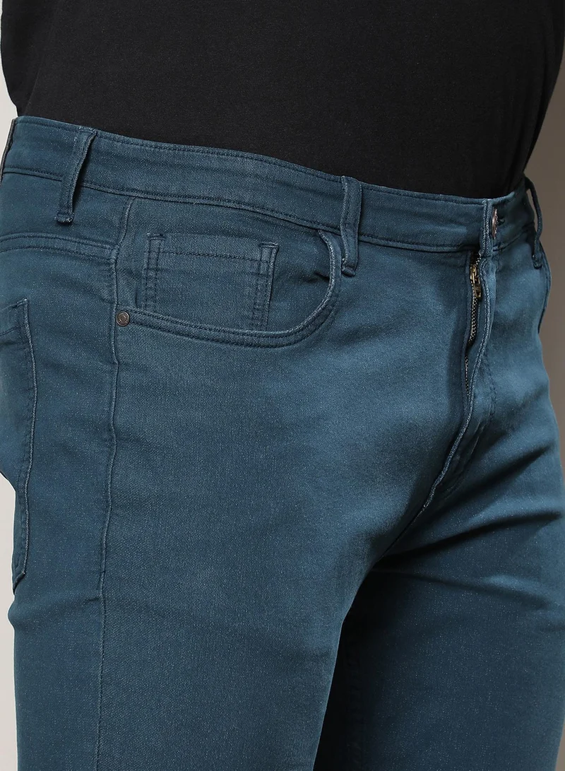 Instafab Plus Instafab Plus Men's Prussian Blue Rolled Hem Denim Jeans For Casual Wear | Dark-Wash | 5 Pockets | Button Closure | Denim Jeans Crafted With Comfort Fit For Everyday Wear