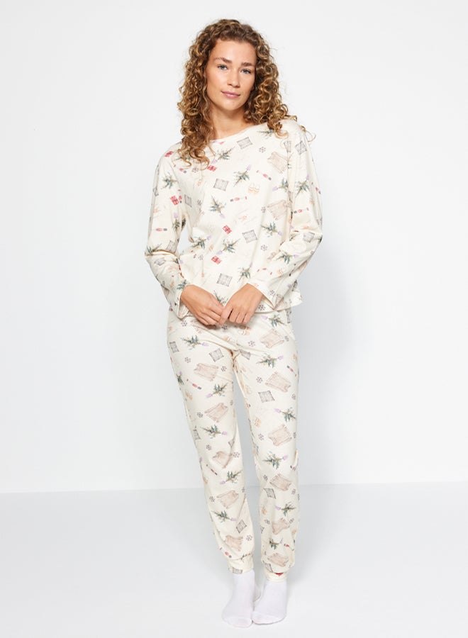 trendyol Cream 100% Cotton Christmas Themed Knitted Pajama Set THMAW24PT00118 - Image 1