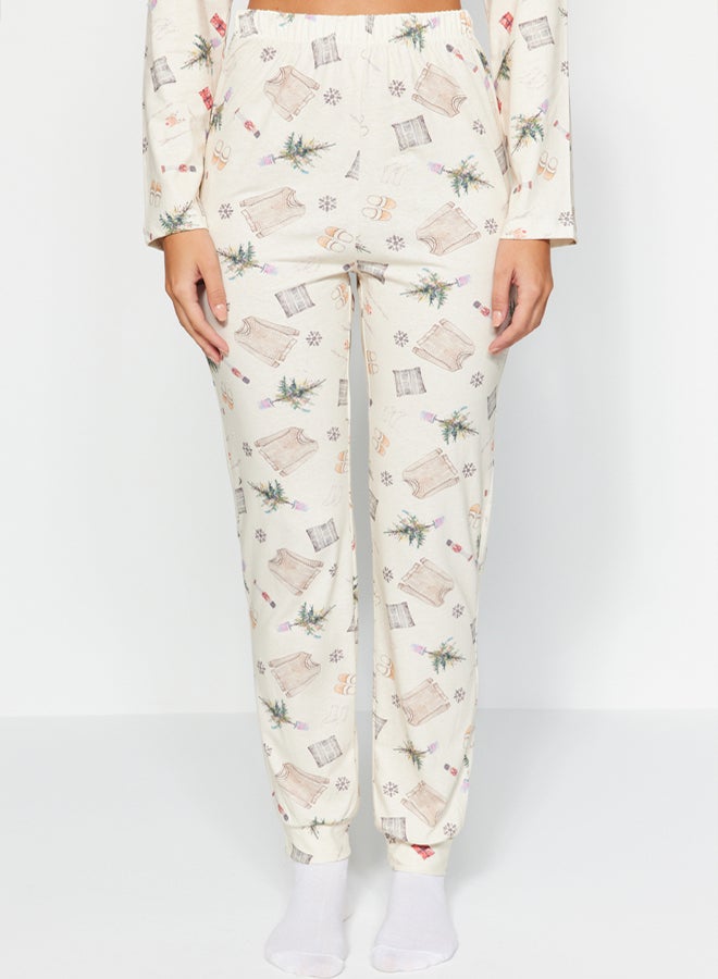 trendyol Cream 100% Cotton Christmas Themed Knitted Pajama Set THMAW24PT00118 - Image 5