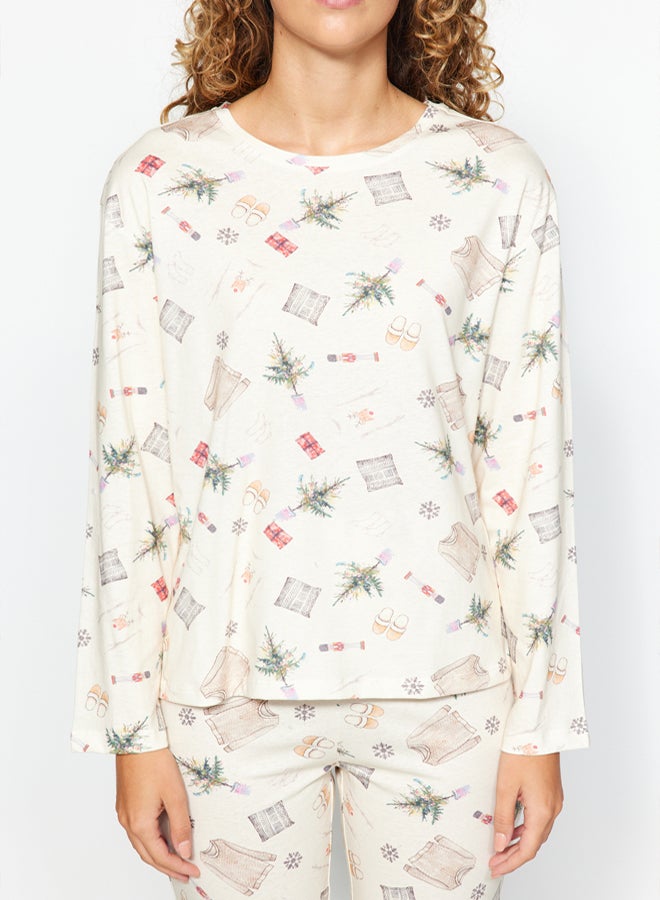 trendyol Cream 100% Cotton Christmas Themed Knitted Pajama Set THMAW24PT00118 - Image 4