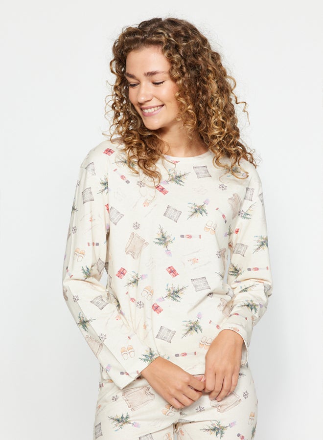 trendyol Cream 100% Cotton Christmas Themed Knitted Pajama Set THMAW24PT00118 - Image 2