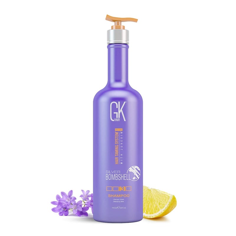 GK Hair GK HAIR Global Keratin Silver Bombshell Purple Shampoo 24 Fl Oz710ml For Blonde Platinum Ash Silver  Gray Hair Moisturizes Dry  Damaged Removes Yellow Brassy Tones