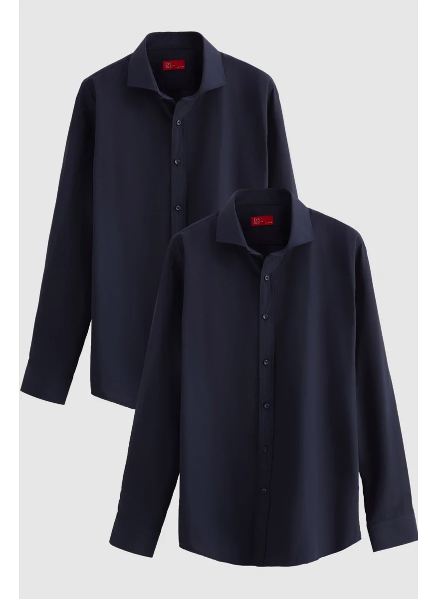 D'S DAMAT Ds Damat Slim Fit Navy Blue Italian Collar Slim Cut Classic Tie Long Sleeve Easy Iron Breathable 2-Piece Shirt