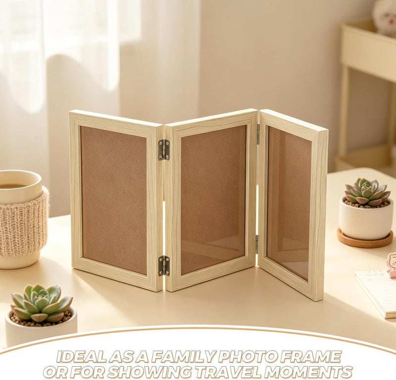 Frame: Triple Hinged Wood Front Three Opening Photo Frame Stand Vertical On Tabletop - Birthday Present for Women Mom 17"X8" - Image 3