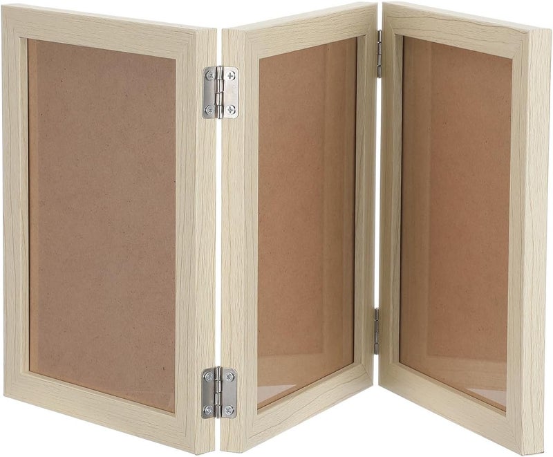 Frame: Triple Hinged Wood Front Three Opening Photo Frame Stand Vertical On Tabletop - Birthday Present for Women Mom 17"X8" - Image 1
