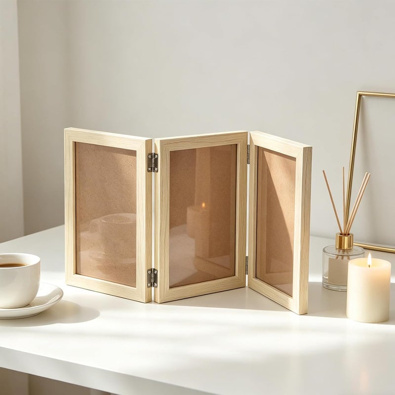 Frame: Triple Hinged Wood Front Three Opening Photo Frame Stand Vertical On Tabletop - Birthday Present for Women Mom 17"X8" - Image 5