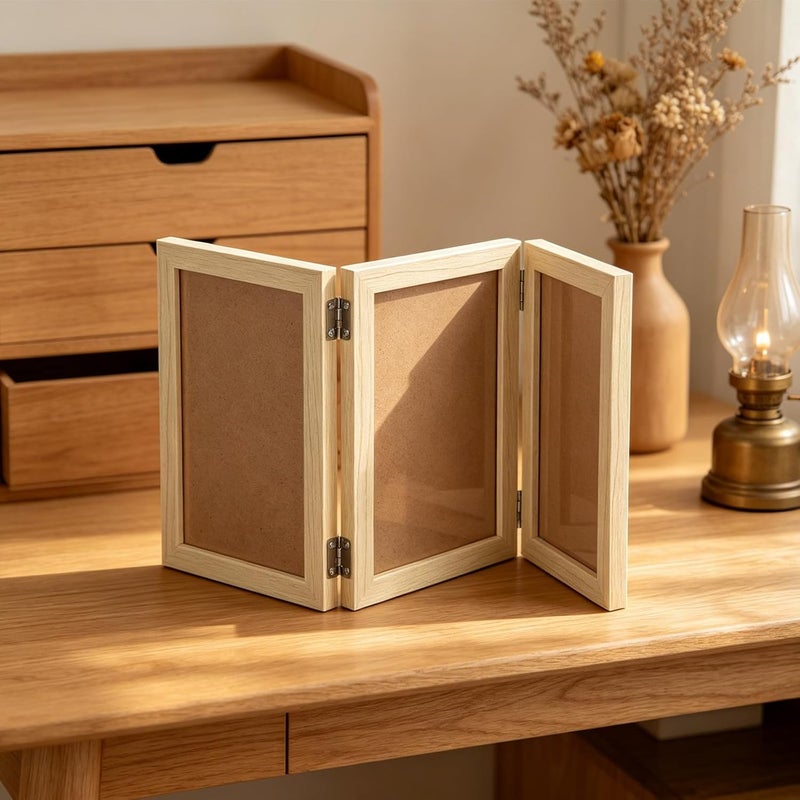 Frame: Triple Hinged Wood Front Three Opening Photo Frame Stand Vertical On Tabletop - Birthday Present for Women Mom 17"X8" - Image 4