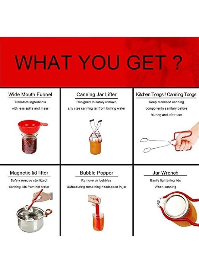 Generic - 6 Function Canning Kit or Jam Making Supplies Starter Kit Include Canning Funnel, Jar Lifter, Jar Wrench, Lid Lifter, Canning Tongs, Bubble Popper/Bubble Measurer/Bubble Remover Tool (Red) - Image 1