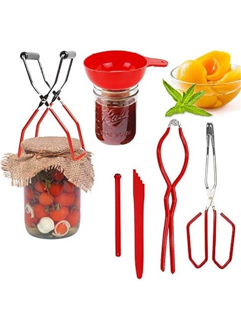 6 Function Canning Kit or Jam Making Supplies Starter Kit Include Canning Funnel, Jar Lifter, Jar Wrench, Lid Lifter, Canning Tongs, Bubble Popper/Bubble Measurer/Bubble Remover Tool (Red)