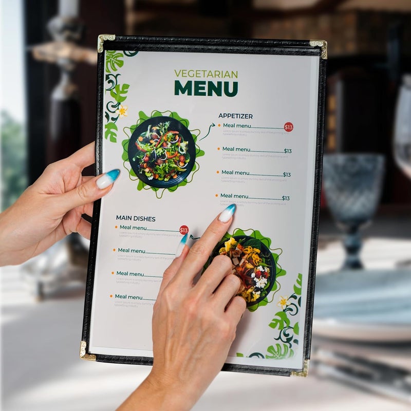Granatan 25 Restaurant Menu Covers 8.5'' x 11'', Double Stitched Single Pocket Menu Holder with Golden Corners, Clear Viewing Surfaces - Image 3