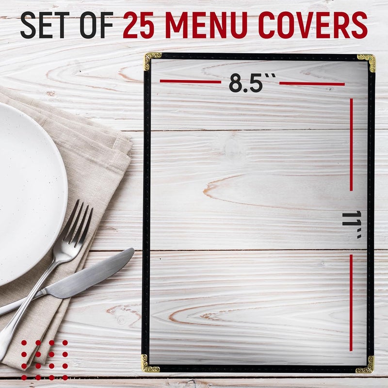 Granatan 25 Restaurant Menu Covers 8.5'' x 11'', Double Stitched Single Pocket Menu Holder with Golden Corners, Clear Viewing Surfaces - Image 2
