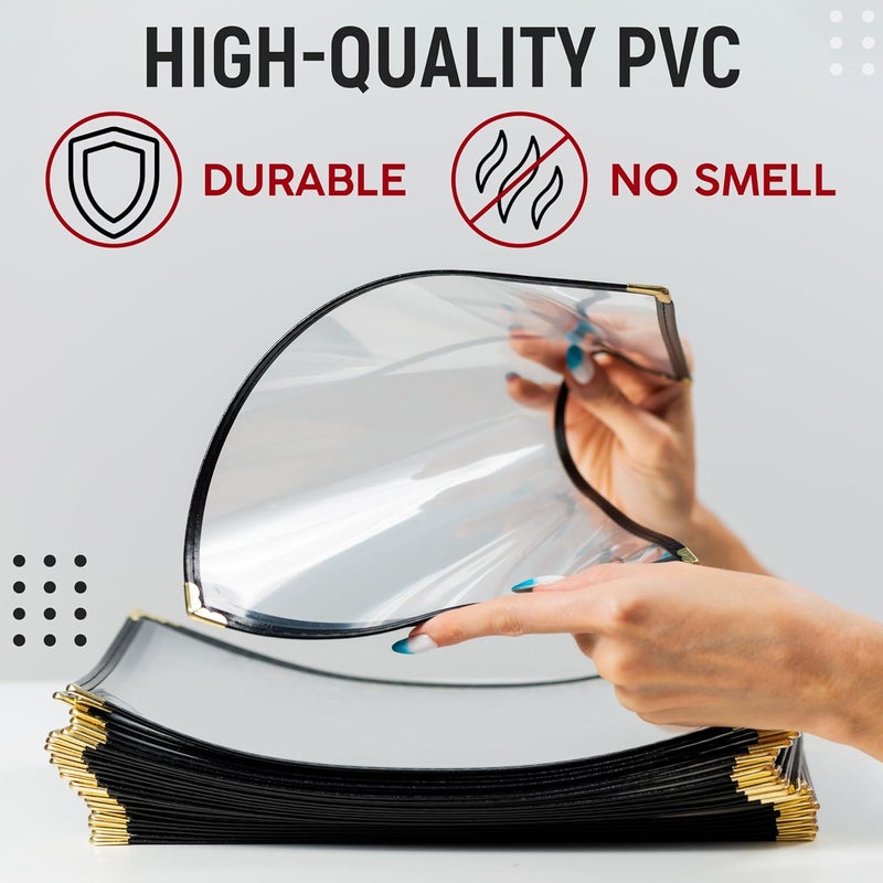 Granatan 25 Restaurant Menu Covers 8.5'' x 11'', Double Stitched Single Pocket Menu Holder with Golden Corners, Clear Viewing Surfaces - Image 5