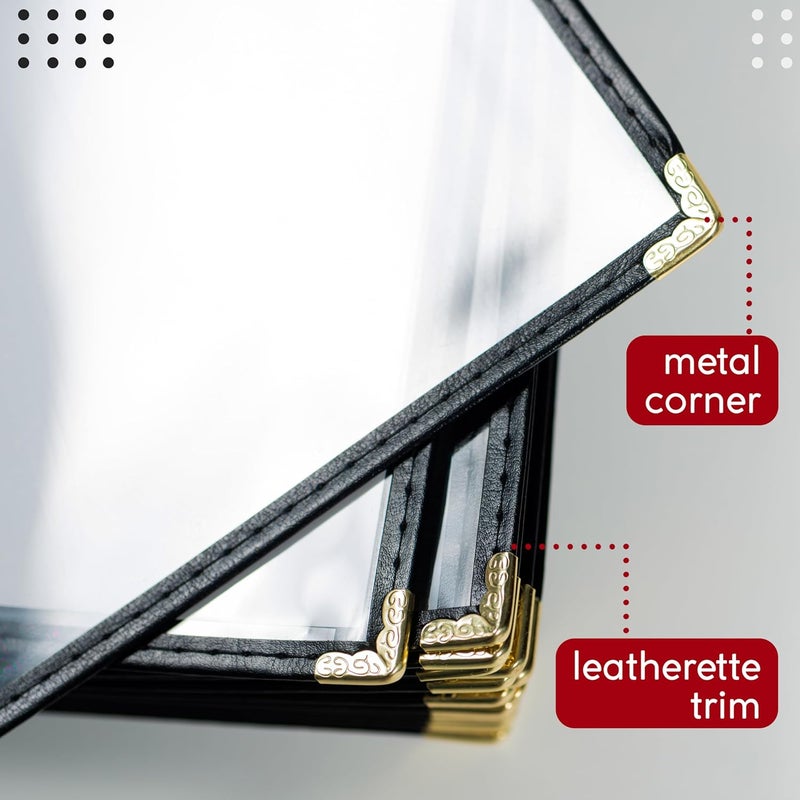 Granatan 25 Restaurant Menu Covers 8.5'' x 11'', Double Stitched Single Pocket Menu Holder with Golden Corners, Clear Viewing Surfaces - Image 4