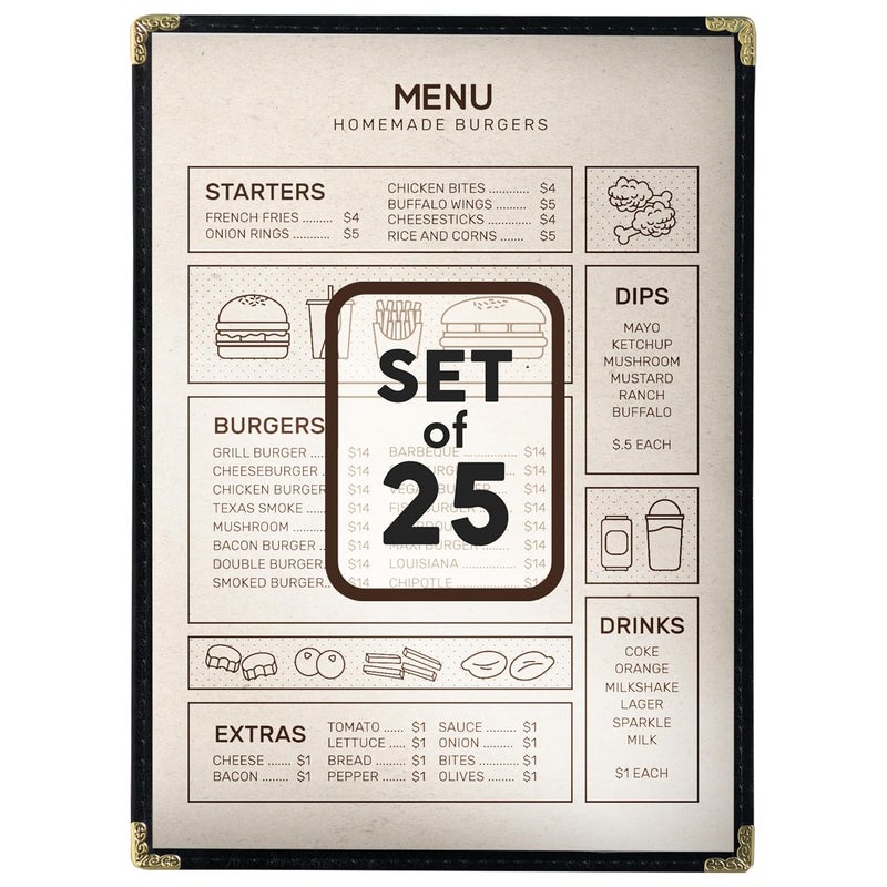 Granatan 25 Restaurant Menu Covers 8.5'' x 11'', Double Stitched Single Pocket Menu Holder with Golden Corners, Clear Viewing Surfaces - Image 1