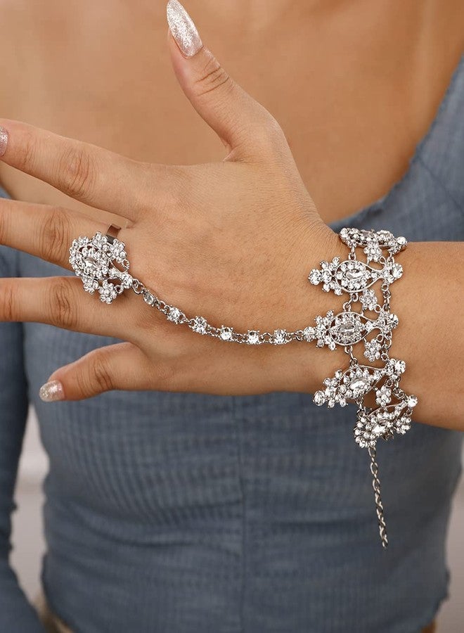 Denifery Silver Rhinestones Finger Ring Bracelet Bangle Bracelets Boho Hand Chain for Women - Image 3