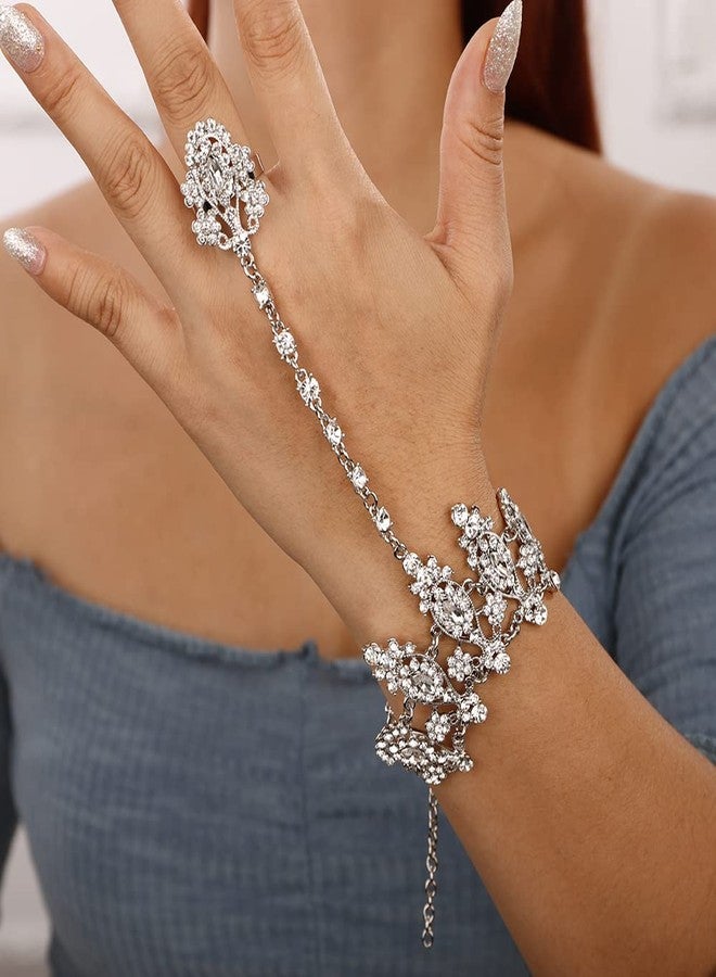Denifery Silver Rhinestones Finger Ring Bracelet Bangle Bracelets Boho Hand Chain for Women - Image 4