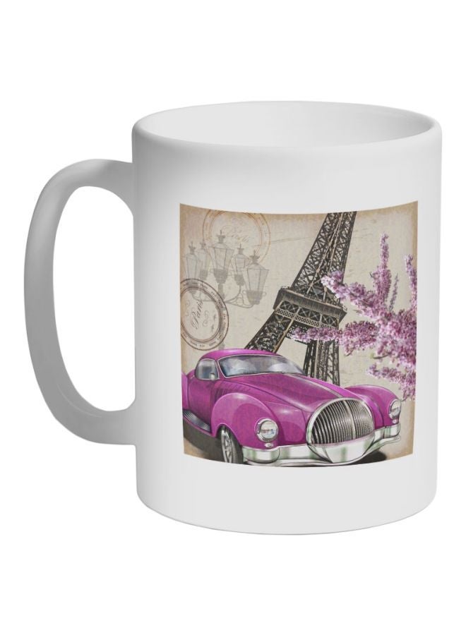 RYN Classic Car Printed Coffee Mug White/Beige/Pink 11ounce