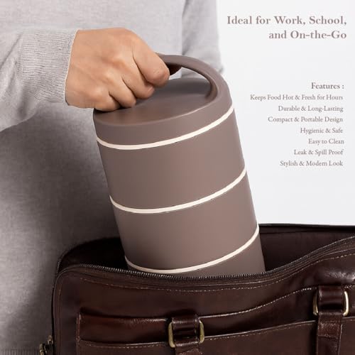 Ganesh Quick Carry 3 Layer Portable Insulated Food Container Airtight Leak-Proof Lunch Box for Office, School, Picnic (1100ml) Brown - Image 3