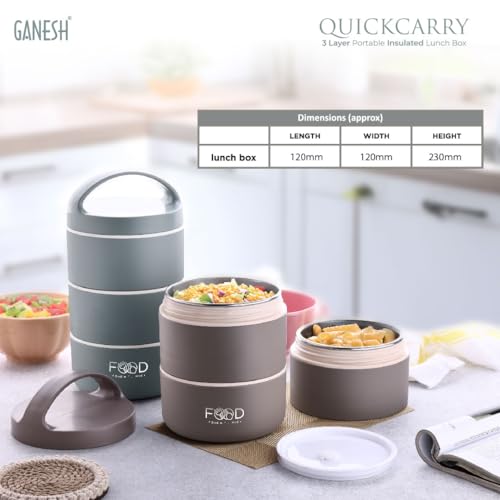 Ganesh Quick Carry 3 Layer Portable Insulated Food Container Airtight Leak-Proof Lunch Box for Office, School, Picnic (1100ml) Brown - Image 4