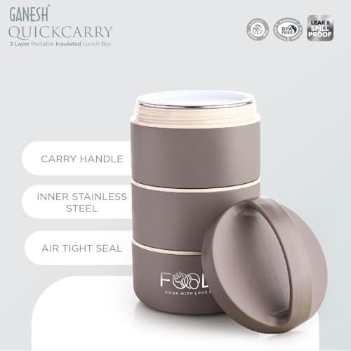 Ganesh Quick Carry 3 Layer Portable Insulated Food Container Airtight Leak-Proof Lunch Box for Office, School, Picnic (1100ml) Brown - Image 2