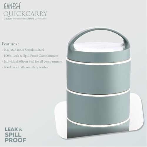 Ganesh Quick Carry 3 Layer Portable Insulated Food Container Airtight Leak-Proof Lunch Box for Office, School, Picnic (1100ml) Brown - Image 5